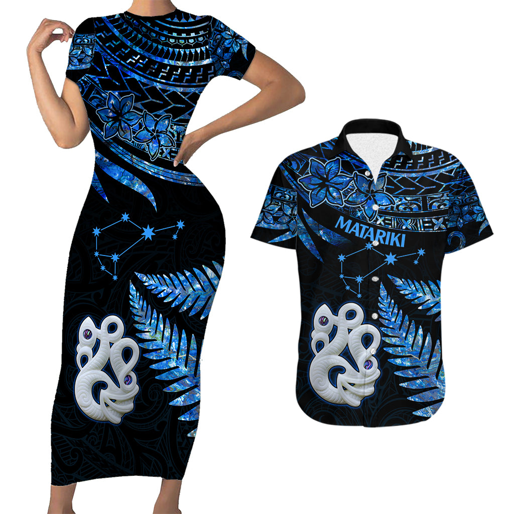 Matching Outfits For Couples Maori Short Sleeve Body Long Dress and Hawaiian Shirt Matariki Stars Manaia with Paua Shell - Blue LT9 - Wonder Print Shop