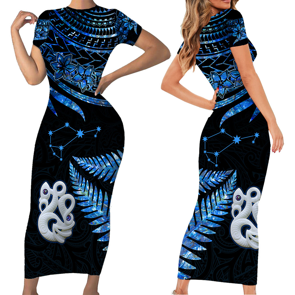 Matching Outfits For Couples Maori Short Sleeve Body Long Dress and Hawaiian Shirt Matariki Stars Manaia with Paua Shell - Blue LT9 - Wonder Print Shop