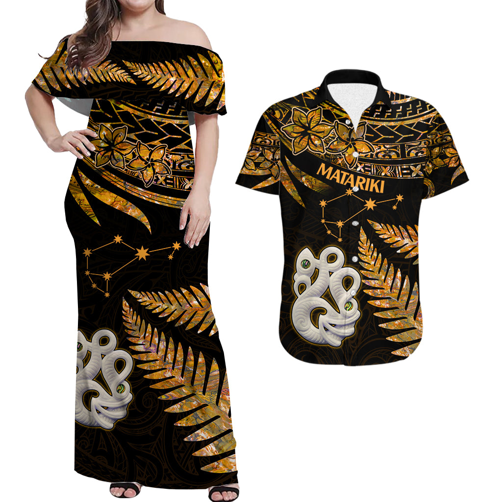 Matching Outfits For Couples Maori Couples Long Dress and Hawaiian Shirt Matariki Stars Manaia with Paua Shell - Gold LT9 - Wonder Print Shop