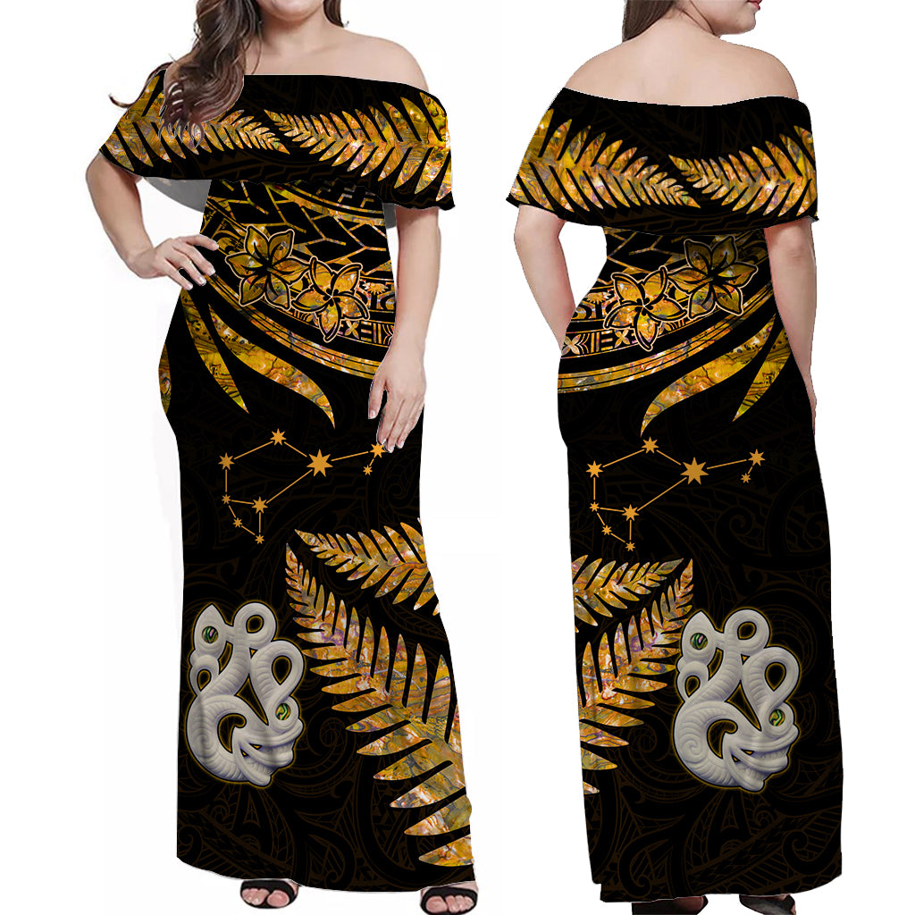 Matching Outfits For Couples Maori Couples Long Dress and Hawaiian Shirt Matariki Stars Manaia with Paua Shell - Gold LT9 - Wonder Print Shop