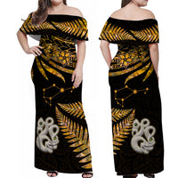 Matching Outfits For Couples Maori Couples Long Dress and Hawaiian Shirt Matariki Stars Manaia with Paua Shell - Gold LT9 - Wonder Print Shop