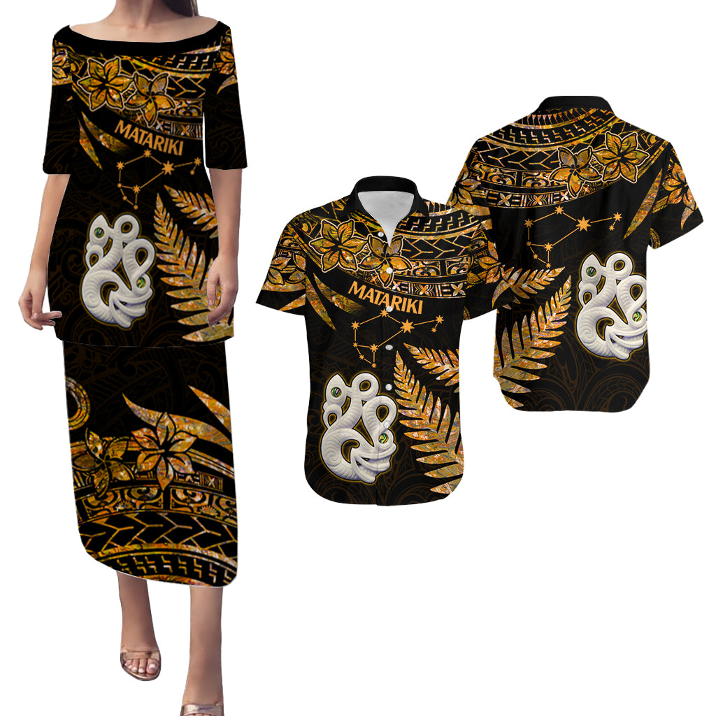 Couples Matching Hawaiian Outfits Matariki New Zealand Puletasi Dress and Hawaiian Shirt Manaia with Paua Shell - Gold LT9 - Wonder Print Shop