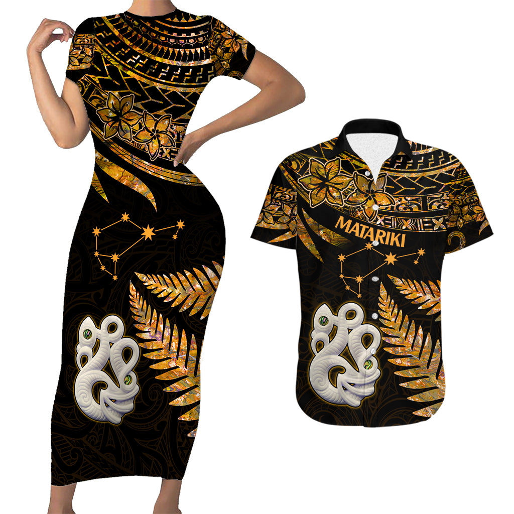 Matching Outfits For Couples Maori Short Sleeve Body Long Dress and Hawaiian Shirt Matariki Stars Manaia with Paua Shell - Gold LT9 - Wonder Print Shop