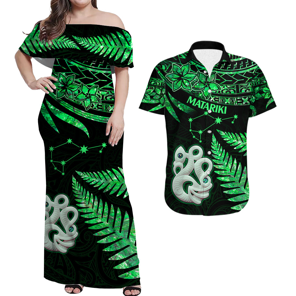Matching Outfits For Couples Maori Couples Long Dress and Hawaiian Shirt Matariki Stars Manaia with Paua Shell - Green LT9 - Wonder Print Shop