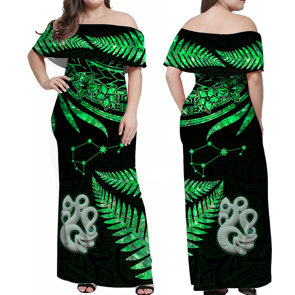 Matching Outfits For Couples Maori Couples Long Dress and Hawaiian Shirt Matariki Stars Manaia with Paua Shell - Green LT9 - Wonder Print Shop