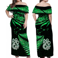 Matching Outfits For Couples Maori Couples Long Dress and Hawaiian Shirt Matariki Stars Manaia with Paua Shell - Green LT9 - Wonder Print Shop