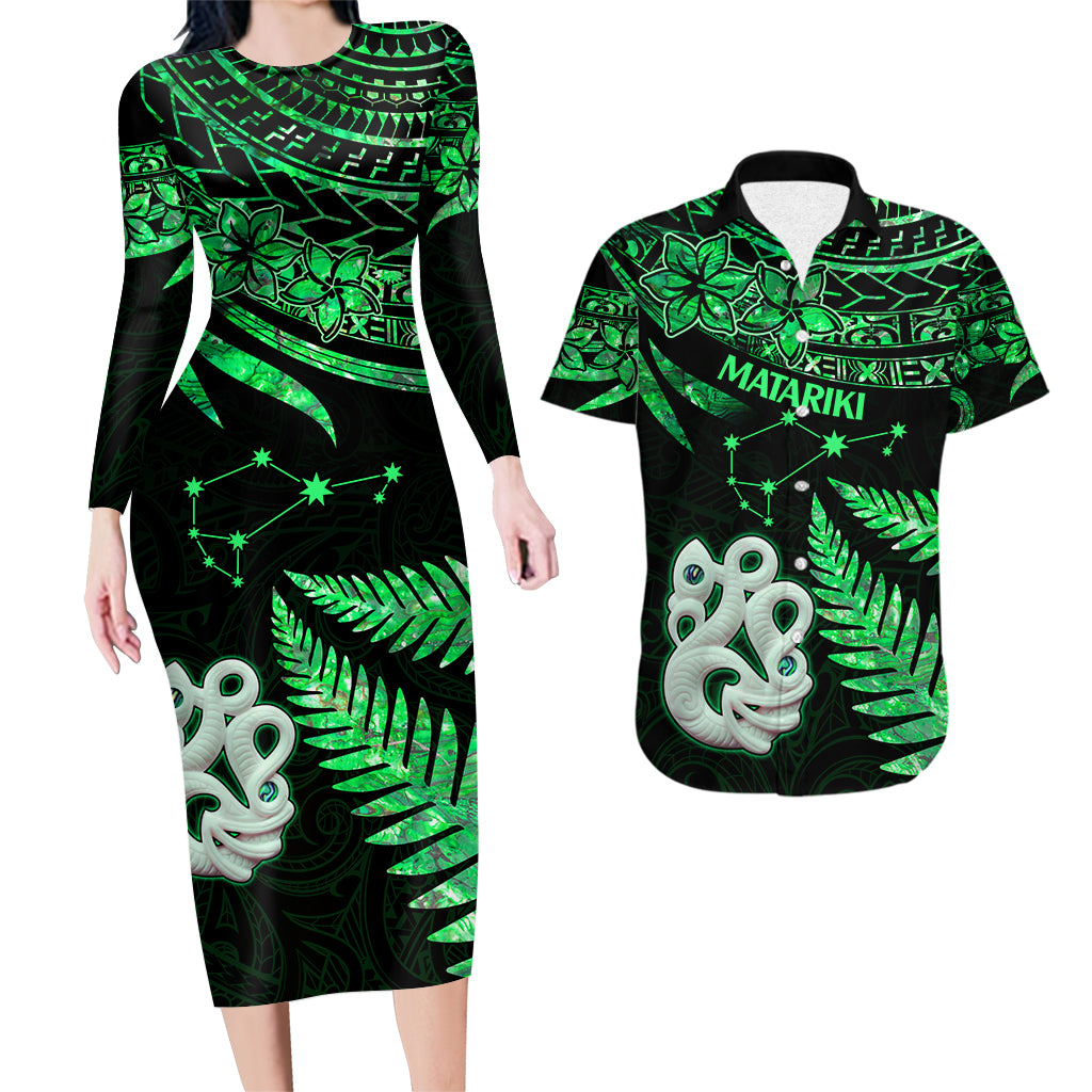 Couples Matching Hawaiian Outfits Matariki New Zealand Couples Bodycon Dress Hawaiian Shirt Manaia with Paua Shell - Green LT9 - Wonder Print Shop