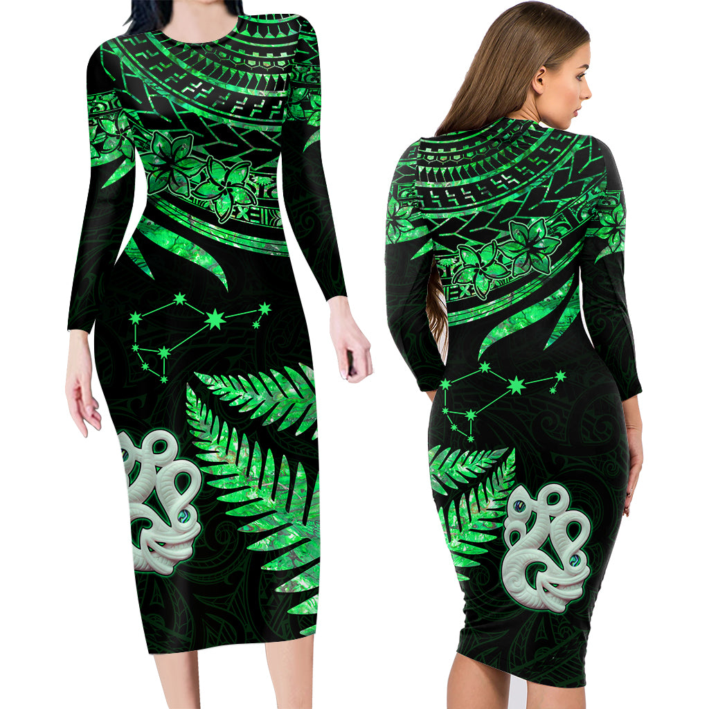 Couples Matching Hawaiian Outfits Matariki New Zealand Couples Bodycon Dress Hawaiian Shirt Manaia with Paua Shell - Green LT9 - Wonder Print Shop
