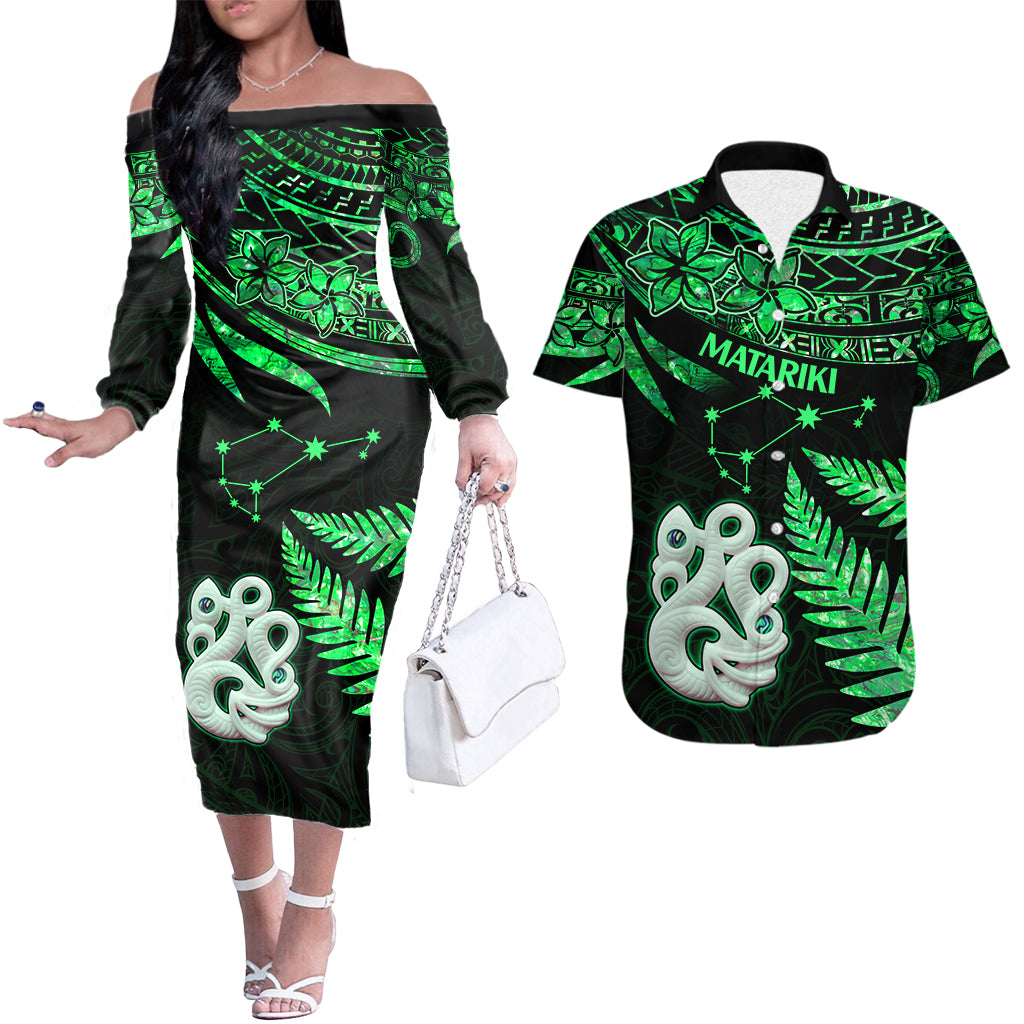 Hawaiian Couple Outfits NZ New Year Couples Long Sleeve Dress and Hawaiian Shirt Manaia with Paua Shell - Green LT9 - Wonder Print Shop