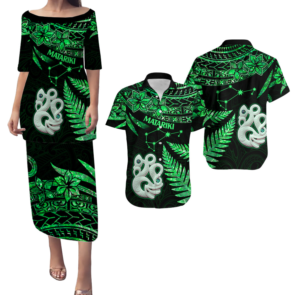 Couples Matching Hawaiian Outfits Matariki New Zealand Puletasi Dress and Hawaiian Shirt Manaia with Paua Shell - Green LT9 - Wonder Print Shop