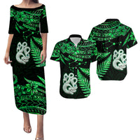 Couples Matching Hawaiian Outfits Matariki New Zealand Puletasi Dress and Hawaiian Shirt Manaia with Paua Shell - Green LT9 - Wonder Print Shop