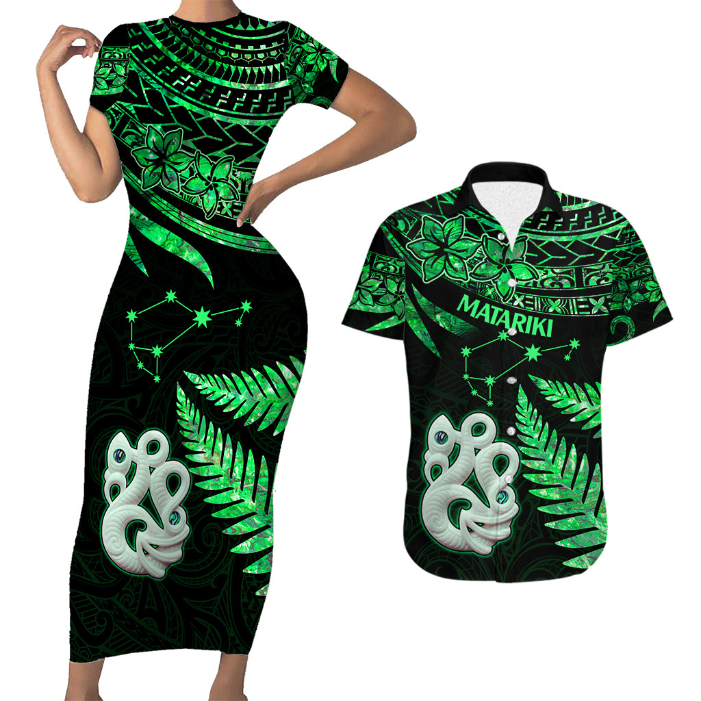 Matching Outfits For Couples Maori Short Sleeve Body Long Dress and Hawaiian Shirt Matariki Stars Manaia with Paua Shell - Green LT9 - Wonder Print Shop