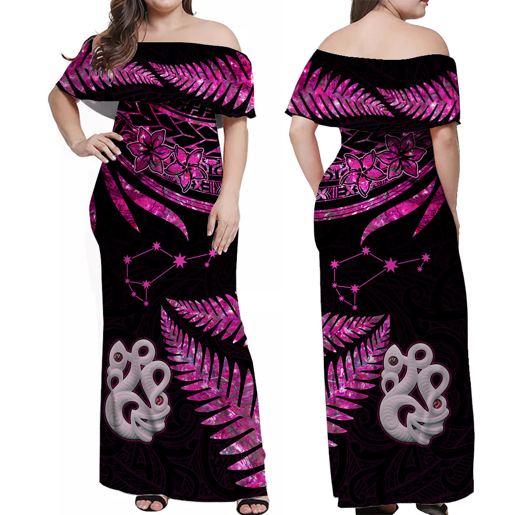 Matching Outfits For Couples Maori Couples Long Dress and Hawaiian Shirt Matariki Stars Manaia with Paua Shell - Pink LT9 - Wonder Print Shop