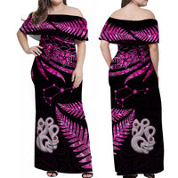 Matching Outfits For Couples Maori Couples Long Dress and Hawaiian Shirt Matariki Stars Manaia with Paua Shell - Pink LT9 - Wonder Print Shop