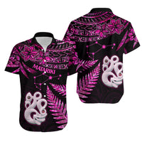 Couples Matching Hawaiian Outfits Matariki New Zealand Puletasi Dress and Hawaiian Shirt Manaia with Paua Shell - Pink LT9 - Wonder Print Shop