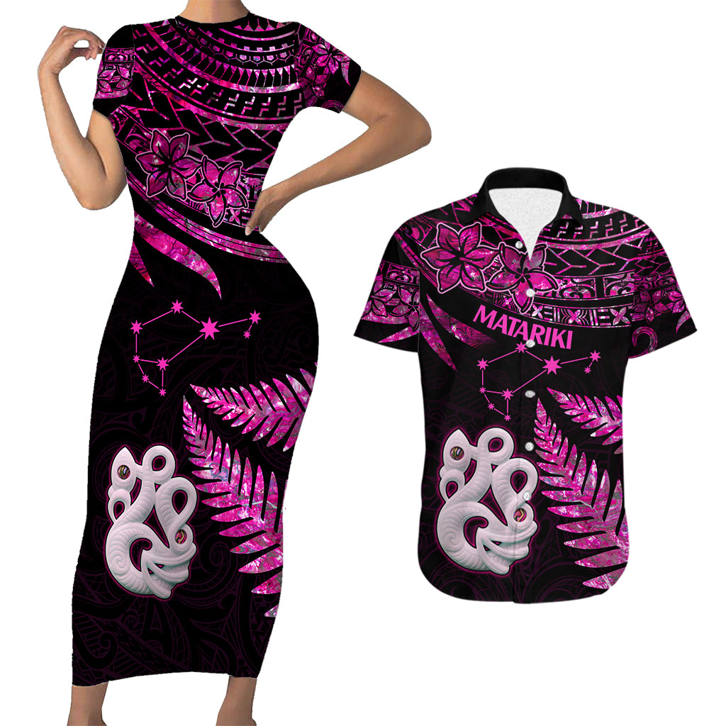 Matching Outfits For Couples Maori Short Sleeve Body Long Dress and Hawaiian Shirt Matariki Stars Manaia with Paua Shell - Pink LT9 - Wonder Print Shop