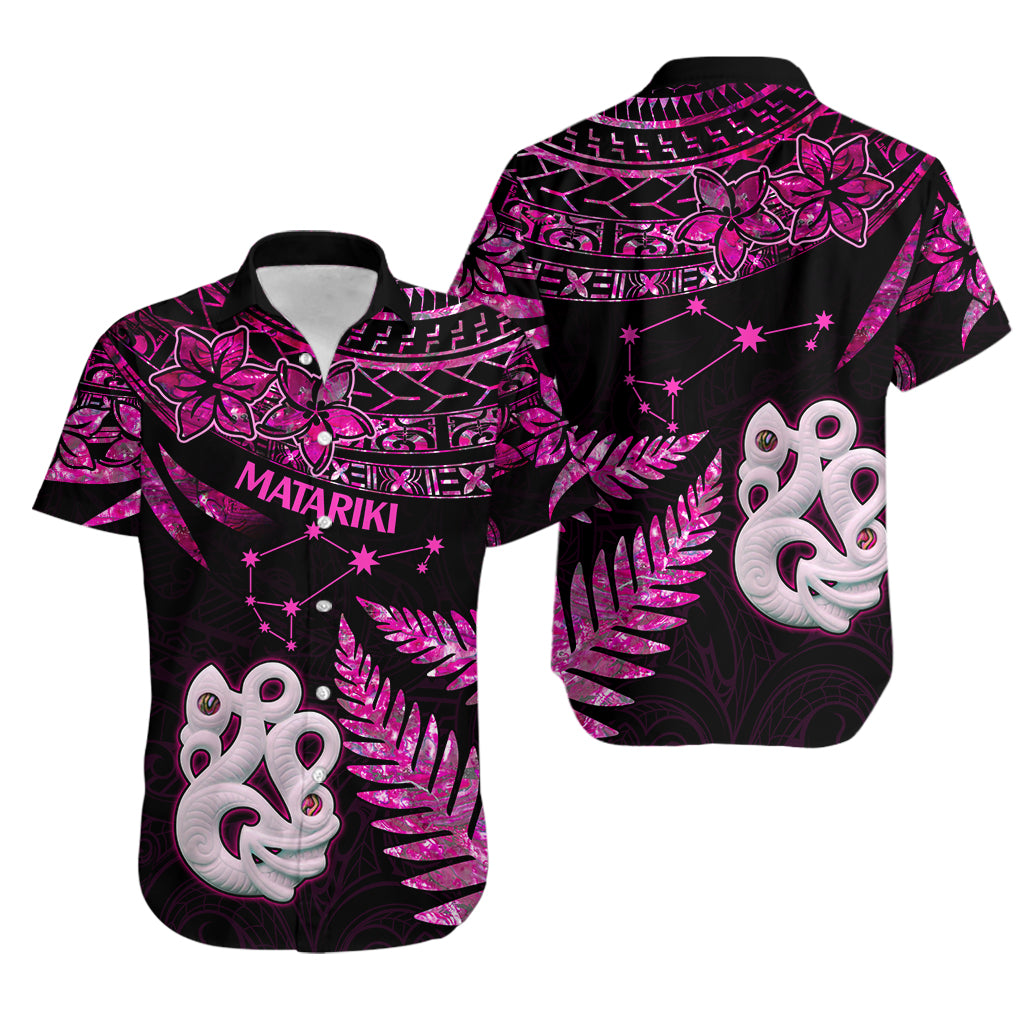 Matching Outfits For Couples Maori Short Sleeve Body Long Dress and Hawaiian Shirt Matariki Stars Manaia with Paua Shell - Pink LT9 - Wonder Print Shop