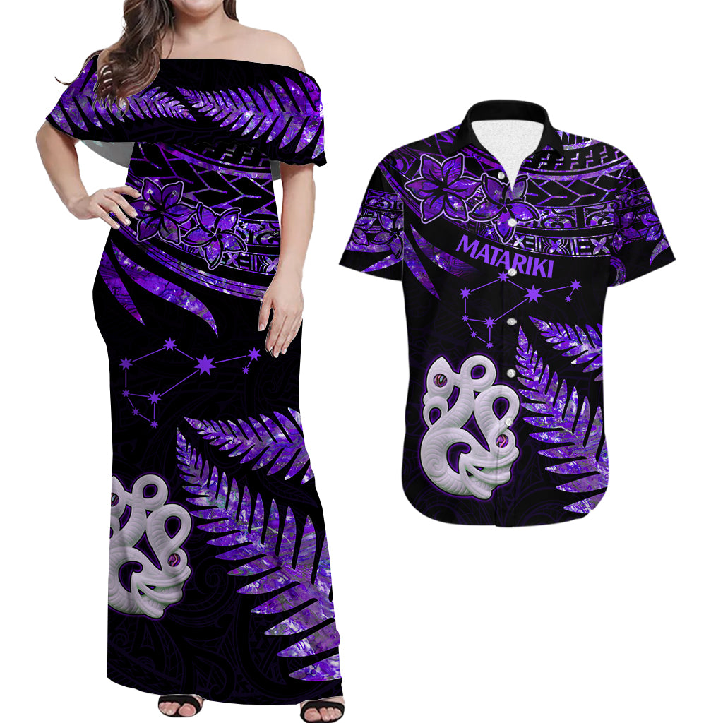 Matching Outfits For Couples Maori Couples Long Dress and Hawaiian Shirt Matariki Stars Manaia with Paua Shell - Purple LT9 - Wonder Print Shop
