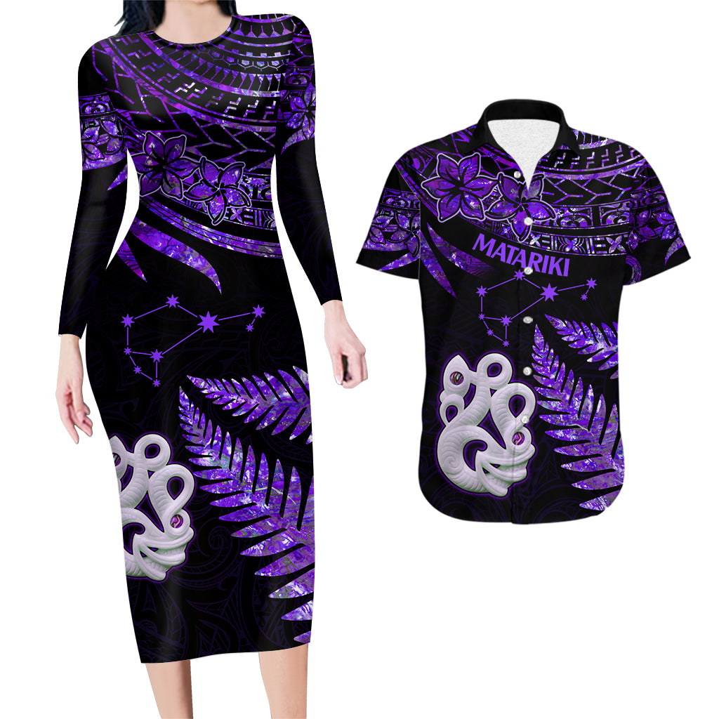 Couples Matching Hawaiian Outfits Matariki New Zealand Couples Bodycon Dress Hawaiian Shirt Manaia with Paua Shell - Purple LT9 - Wonder Print Shop