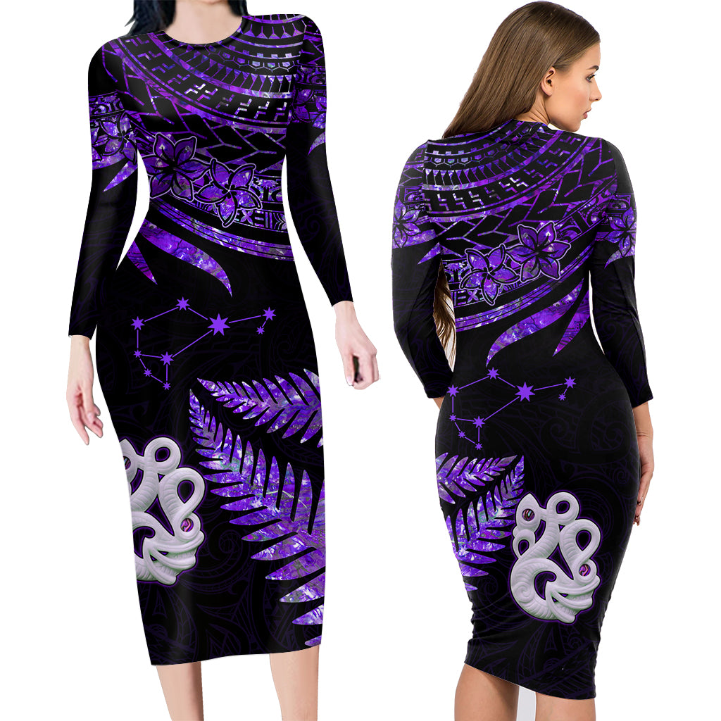 Couples Matching Hawaiian Outfits Matariki New Zealand Couples Bodycon Dress Hawaiian Shirt Manaia with Paua Shell - Purple LT9 - Wonder Print Shop