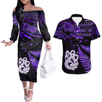 Hawaiian Couple Outfits NZ New Year Couples Long Sleeve Dress and Hawaiian Shirt Manaia with Paua Shell - Purple LT9 - Wonder Print Shop