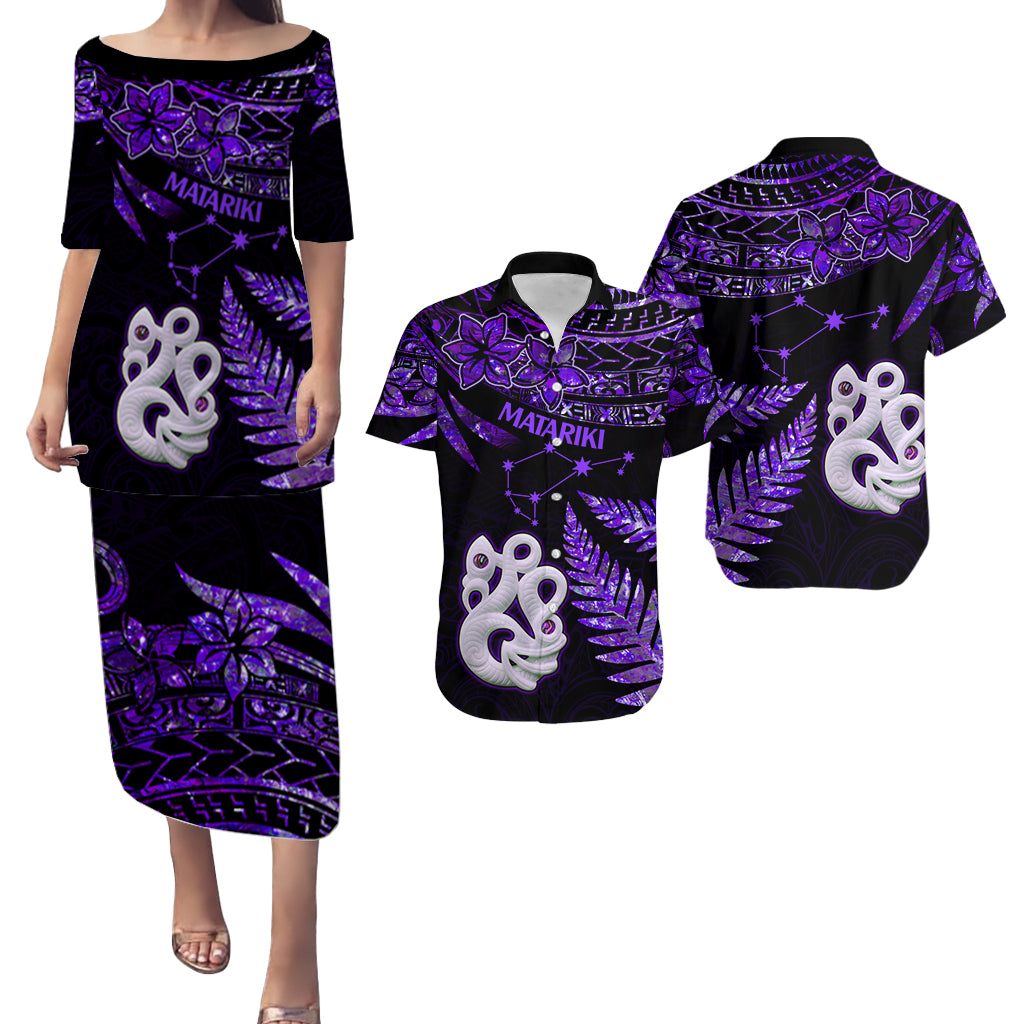 Couples Matching Hawaiian Outfits Matariki New Zealand Puletasi Dress and Hawaiian Shirt Manaia with Paua Shell - Purple LT9 - Wonder Print Shop