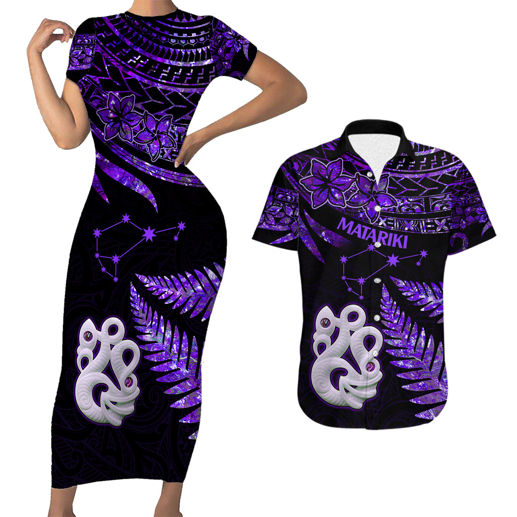 Matching Outfits For Couples Maori Short Sleeve Body Long Dress and Hawaiian Shirt Matariki Stars Manaia with Paua Shell - Purple LT9 - Wonder Print Shop