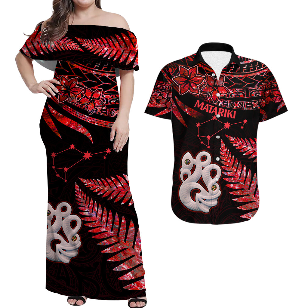 Matching Outfits For Couples Maori Couples Long Dress and Hawaiian Shirt Matariki Stars Manaia with Paua Shell - Red LT9 - Wonder Print Shop