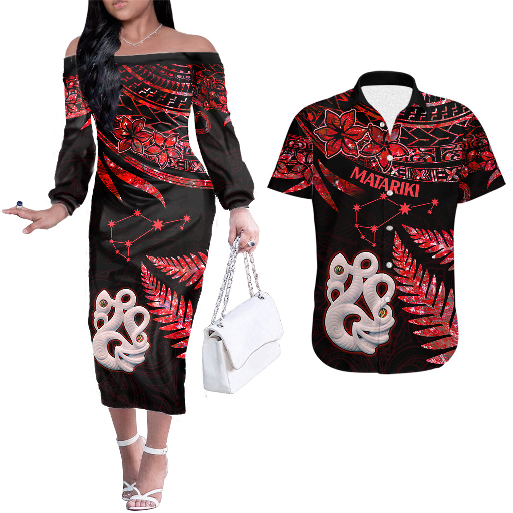Hawaiian Couple Outfits NZ New Year Couples Long Sleeve Dress and Hawaiian Shirt Manaia with Paua Shell - Red LT9 - Wonder Print Shop