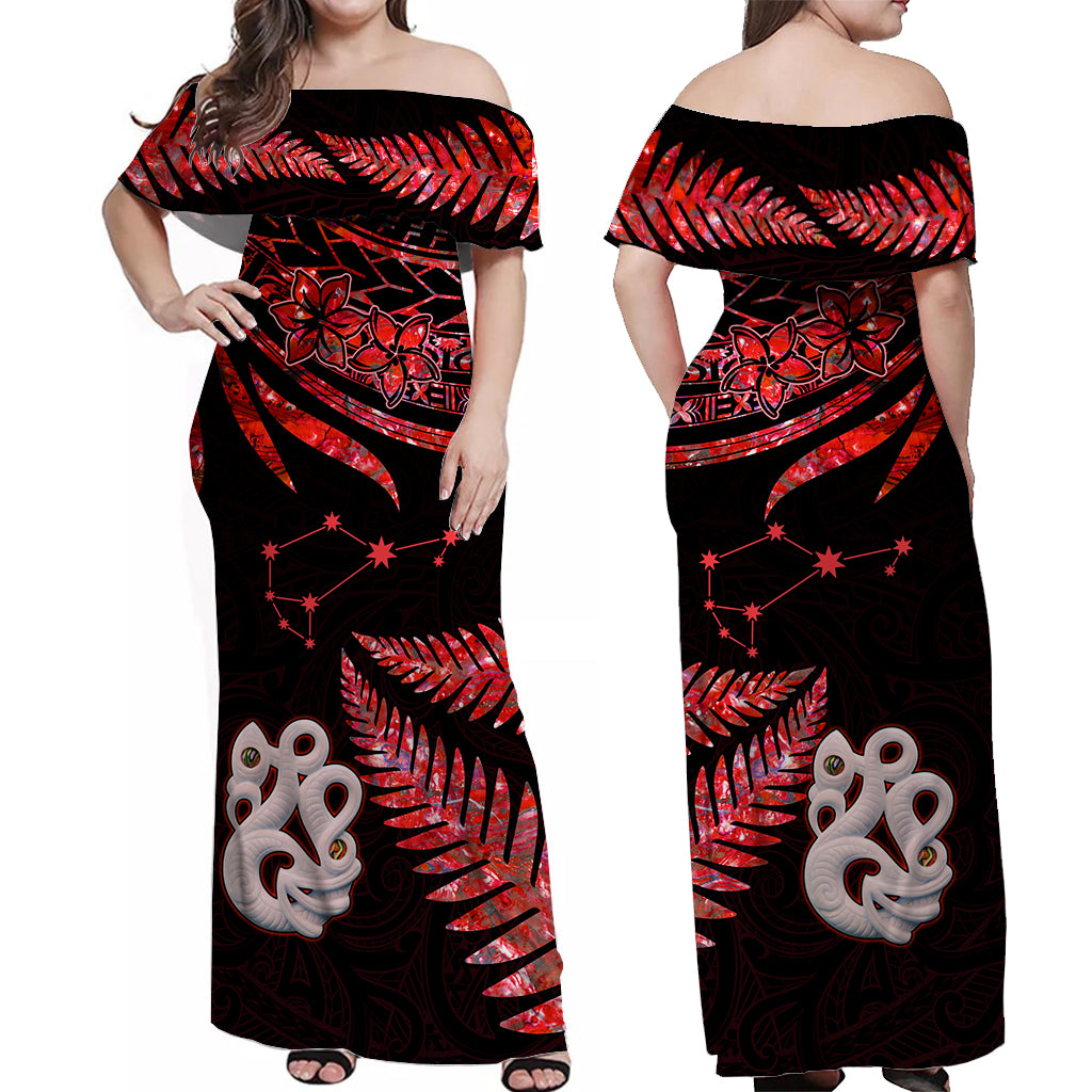 matariki-new-zealand-off-shoulder-long-dress-manaia-with-paua-shell-red