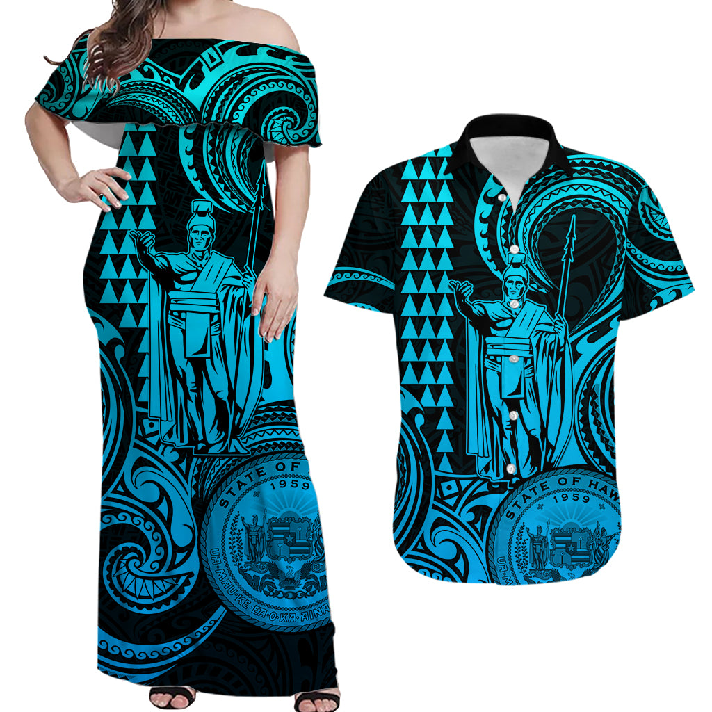 Hawaii Couple Outfit Ideas King Kamehameha Day Couples Long Dress and Hawaiian Shirt Paradise of the Pacific Tribal Kakau with Kanaka Maoli - Aqua LT9 - Wonder Print Shop