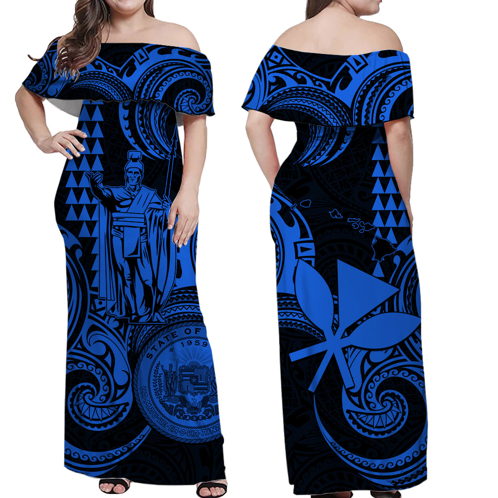 Hawaii Couple Outfit Ideas King Kamehameha Day Couples Long Dress and Hawaiian Shirt Paradise of the Pacific Tribal Kakau with Kanaka Maoli - Blue LT9 - Wonder Print Shop