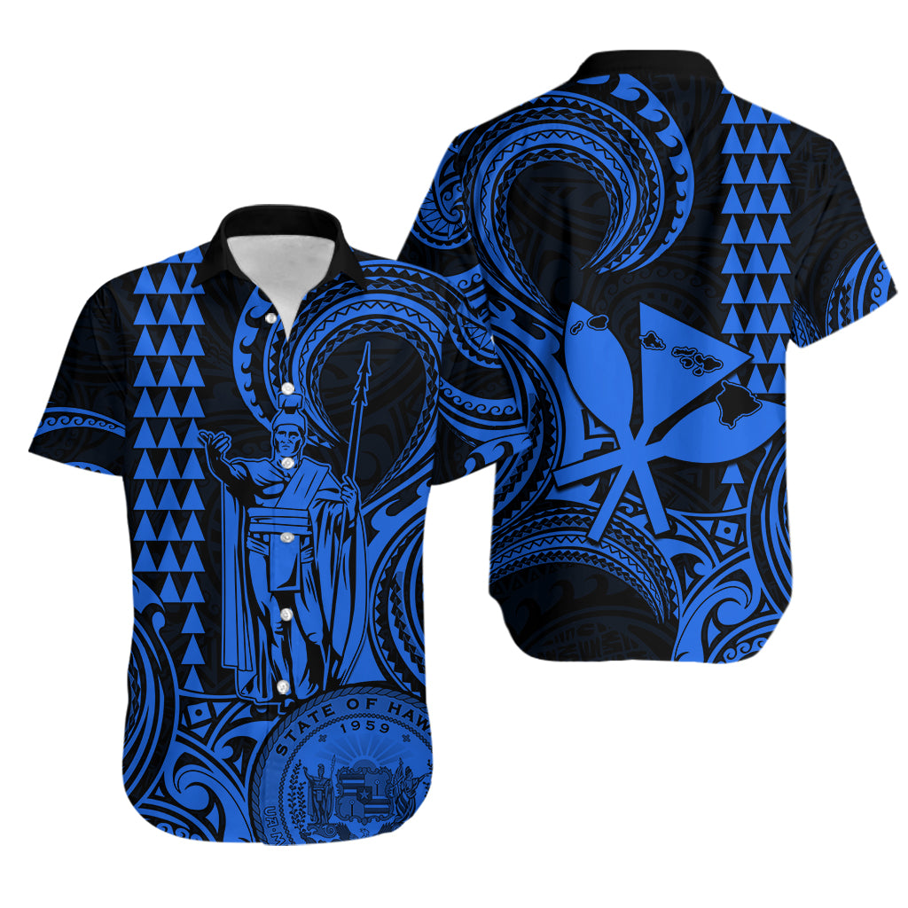 Hawaii Couple Outfit Ideas King Kamehameha Day Couples Long Dress and Hawaiian Shirt Paradise of the Pacific Tribal Kakau with Kanaka Maoli - Blue LT9 - Wonder Print Shop