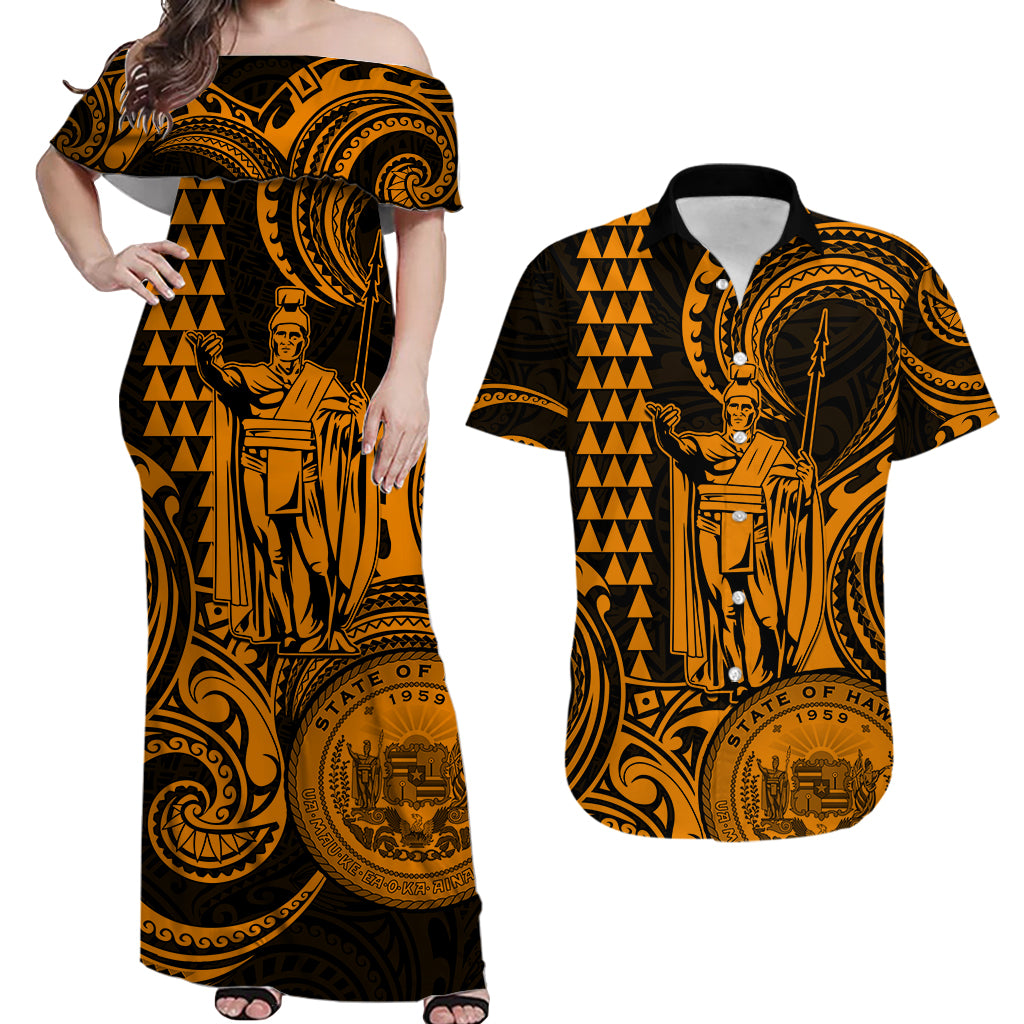 Hawaii Couple Outfit Ideas King Kamehameha Day Couples Long Dress and Hawaiian Shirt Paradise of the Pacific Tribal Kakau with Kanaka Maoli - Gold LT9 - Wonder Print Shop