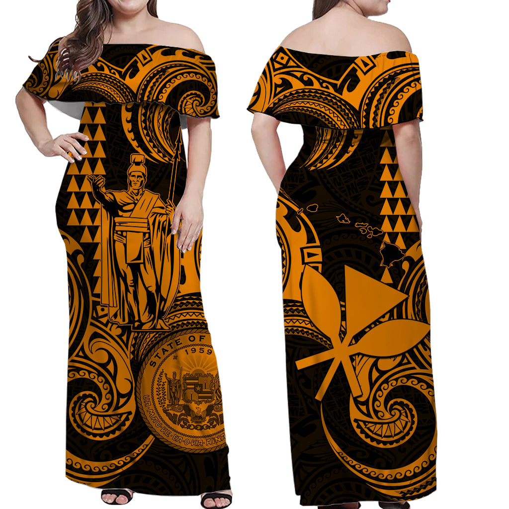 Hawaii Couple Outfit Ideas King Kamehameha Day Couples Long Dress and Hawaiian Shirt Paradise of the Pacific Tribal Kakau with Kanaka Maoli - Gold LT9 - Wonder Print Shop