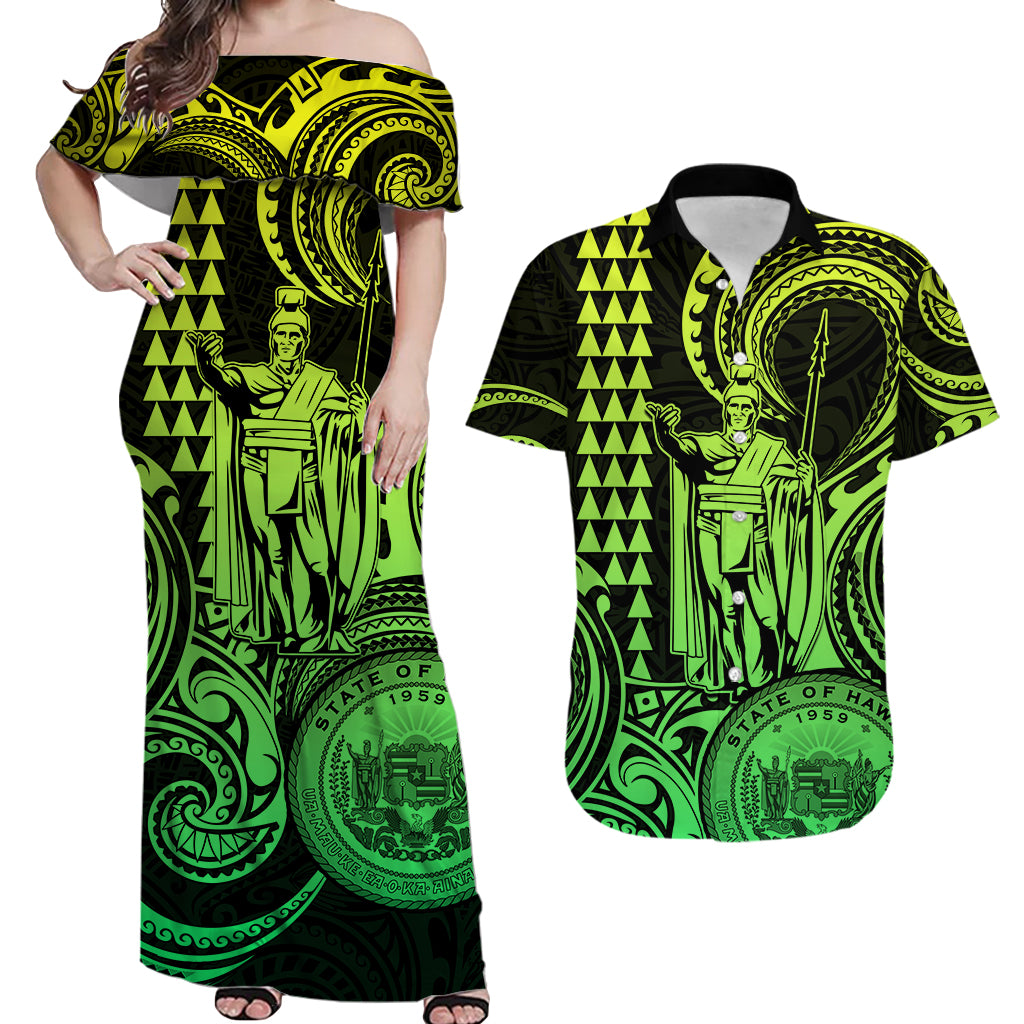 Hawaii Couple Outfit Ideas King Kamehameha Day Couples Long Dress and Hawaiian Shirt Paradise of the Pacific Tribal Kakau with Kanaka Maoli - Lime LT9 - Wonder Print Shop