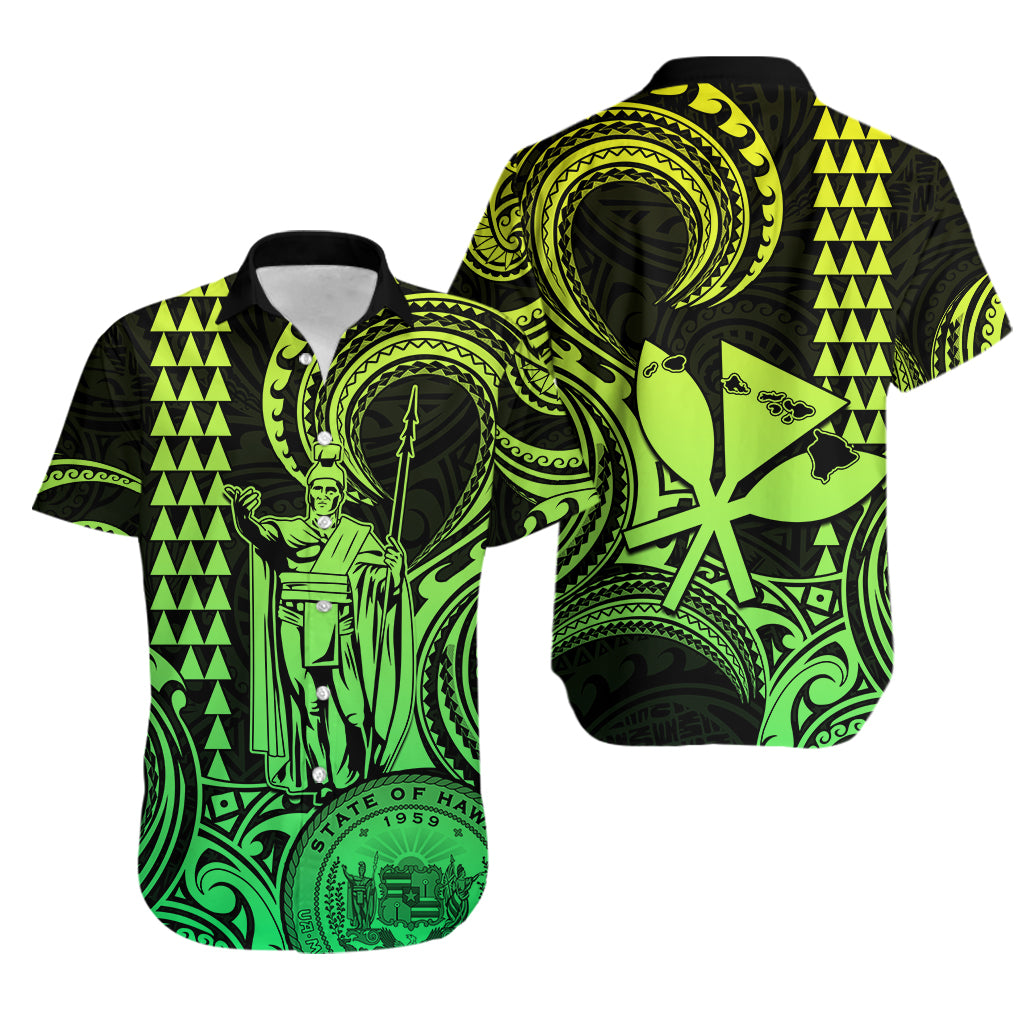 Hawaii Couple Outfit Ideas King Kamehameha Day Couples Long Dress and Hawaiian Shirt Paradise of the Pacific Tribal Kakau with Kanaka Maoli - Lime LT9 - Wonder Print Shop