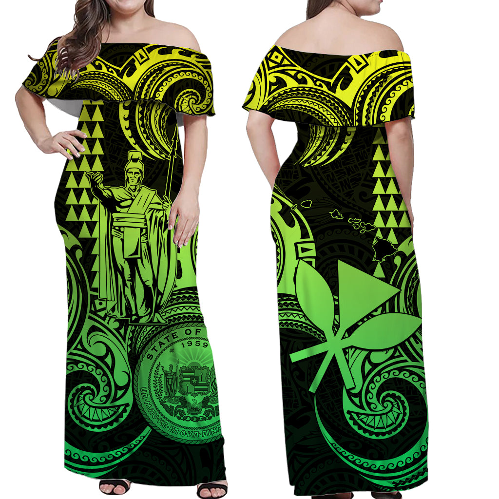 Hawaii Couple Outfit Ideas King Kamehameha Day Couples Long Dress and Hawaiian Shirt Paradise of the Pacific Tribal Kakau with Kanaka Maoli - Lime LT9 - Wonder Print Shop