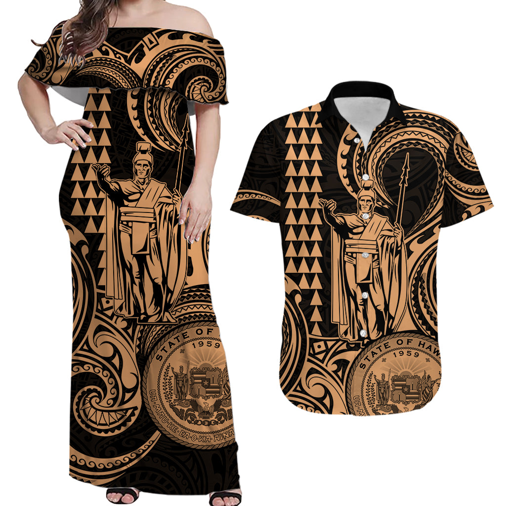 Hawaii Couple Outfit Ideas King Kamehameha Day Couples Long Dress and Hawaiian Shirt Paradise of the Pacific Tribal Kakau with Kanaka Maoli - Nude LT9 - Wonder Print Shop