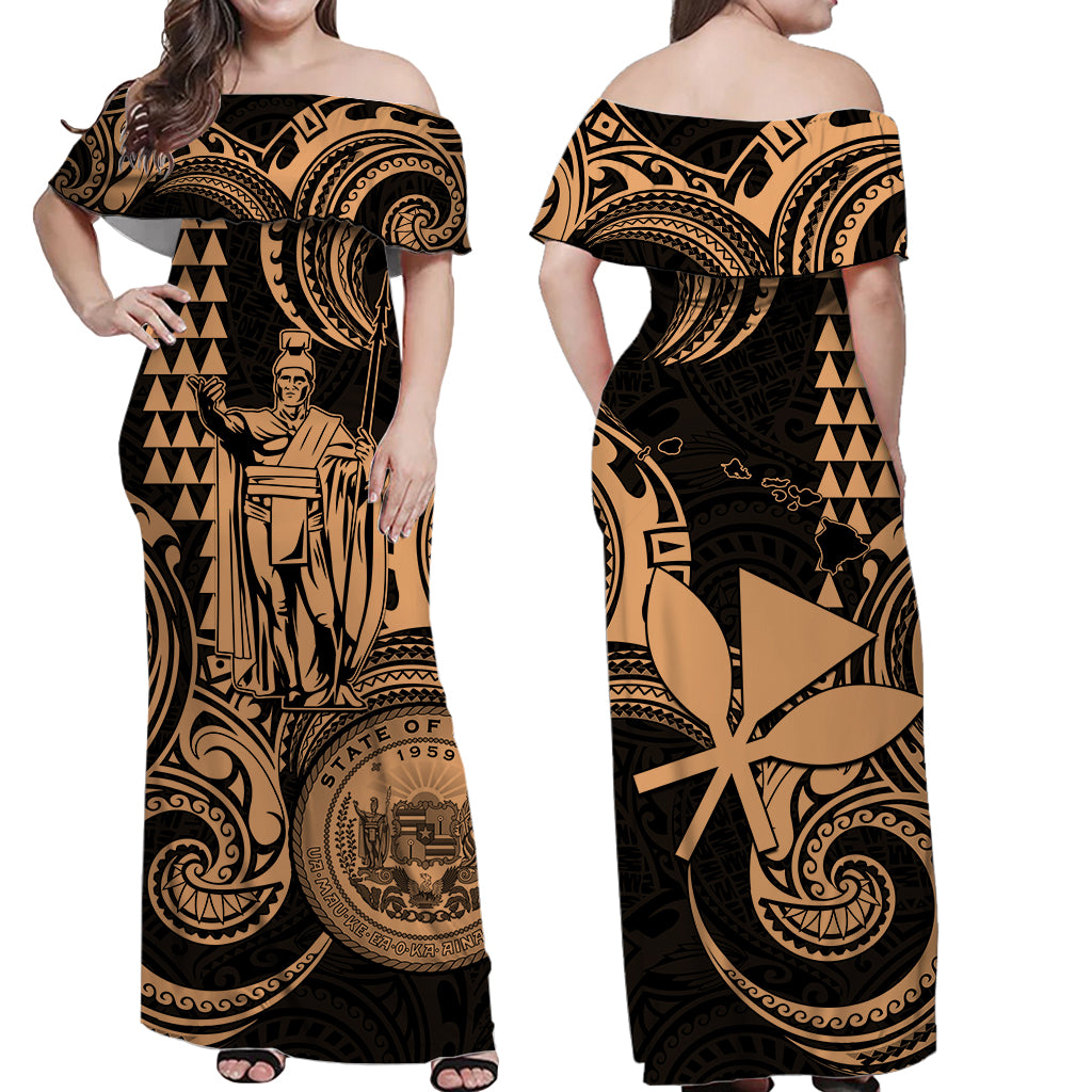 Hawaii Couple Outfit Ideas King Kamehameha Day Couples Long Dress and Hawaiian Shirt Paradise of the Pacific Tribal Kakau with Kanaka Maoli - Nude LT9 - Wonder Print Shop