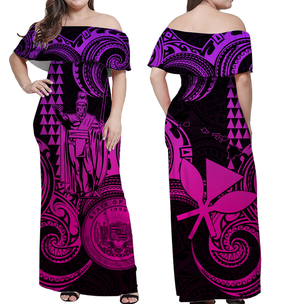 Hawaii Couple Outfit Ideas King Kamehameha Day Couples Long Dress and Hawaiian Shirt Paradise of the Pacific Tribal Kakau with Kanaka Maoli - Pink Gradient LT9 - Wonder Print Shop