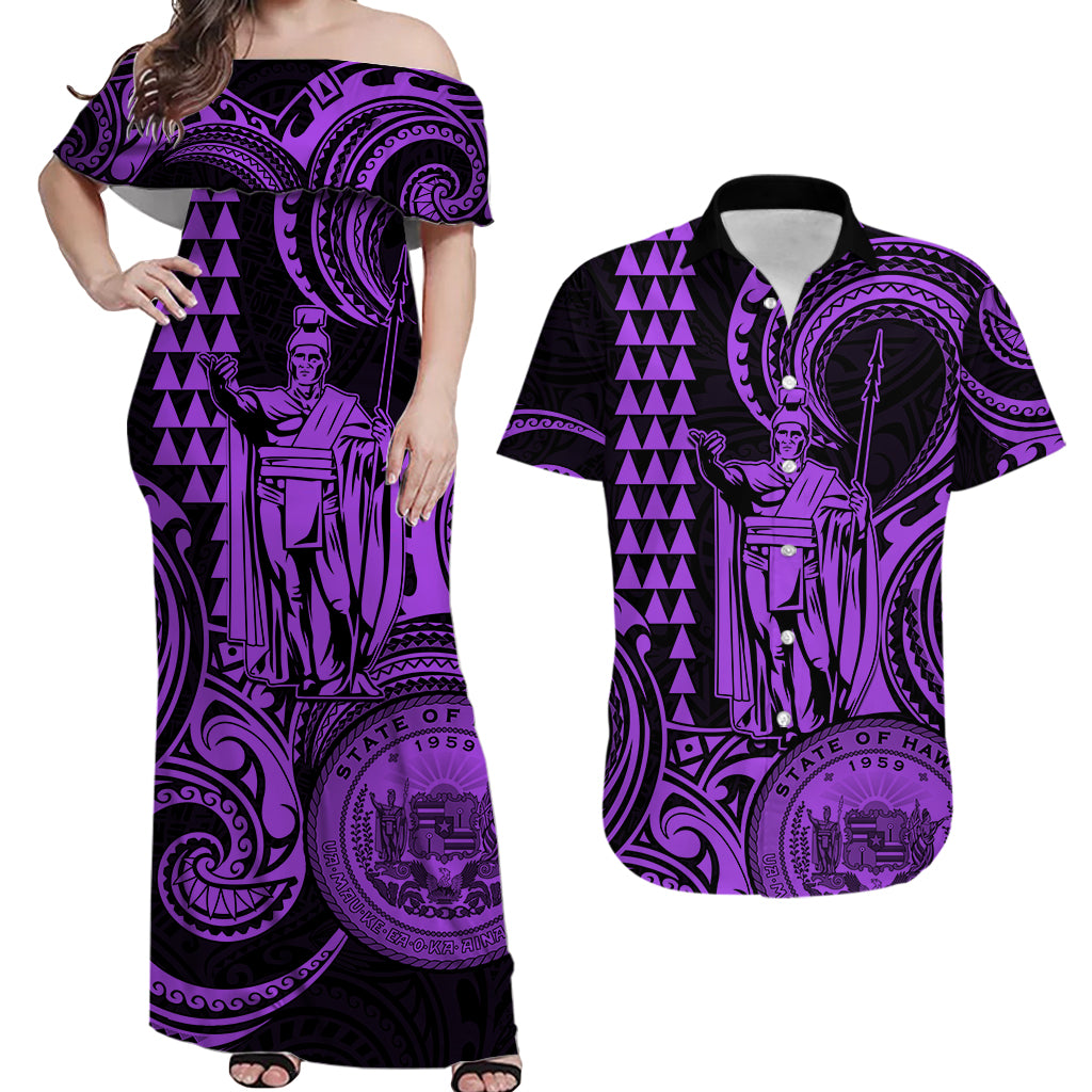 Hawaii Couple Outfit Ideas King Kamehameha Day Couples Long Dress and Hawaiian Shirt Paradise of the Pacific Tribal Kakau with Kanaka Maoli - Purple LT9 - Wonder Print Shop