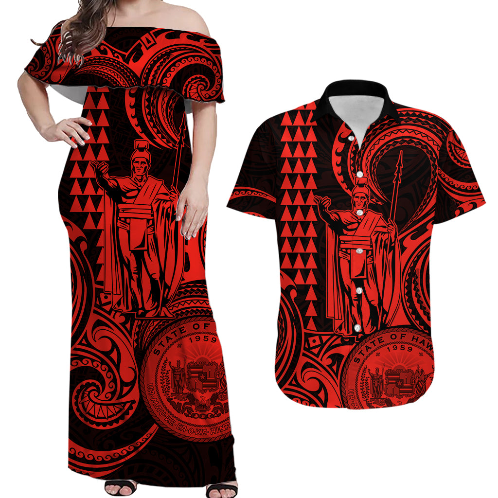 Hawaii Couple Outfit Ideas King Kamehameha Day Couples Long Dress and Hawaiian Shirt Paradise of the Pacific Tribal Kakau with Kanaka Maoli - Red LT9 - Wonder Print Shop