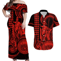 Hawaii Couple Outfit Ideas King Kamehameha Day Couples Long Dress and Hawaiian Shirt Paradise of the Pacific Tribal Kakau with Kanaka Maoli - Red LT9 - Wonder Print Shop