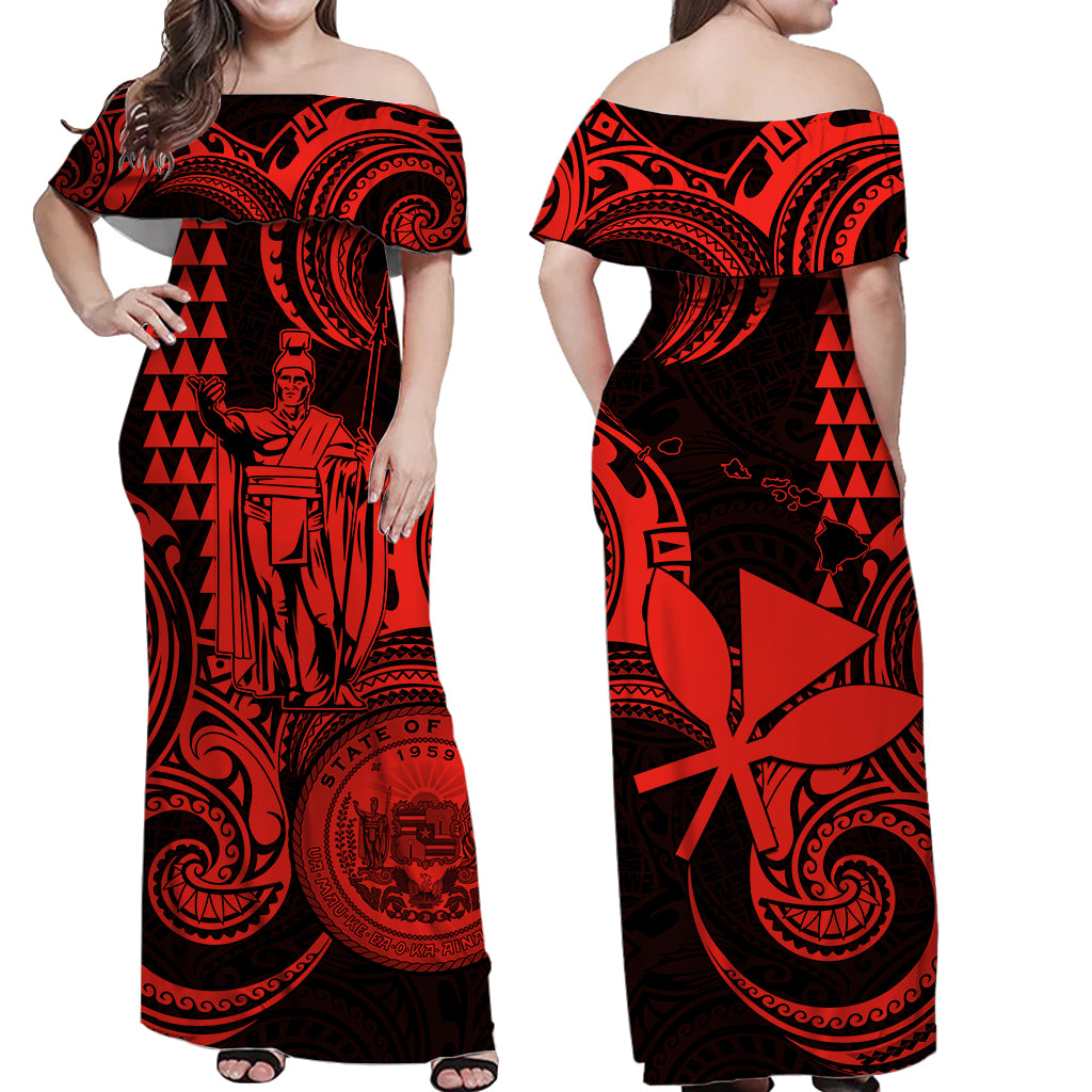 Hawaii Couple Outfit Ideas King Kamehameha Day Couples Long Dress and Hawaiian Shirt Paradise of the Pacific Tribal Kakau with Kanaka Maoli - Red LT9 - Wonder Print Shop