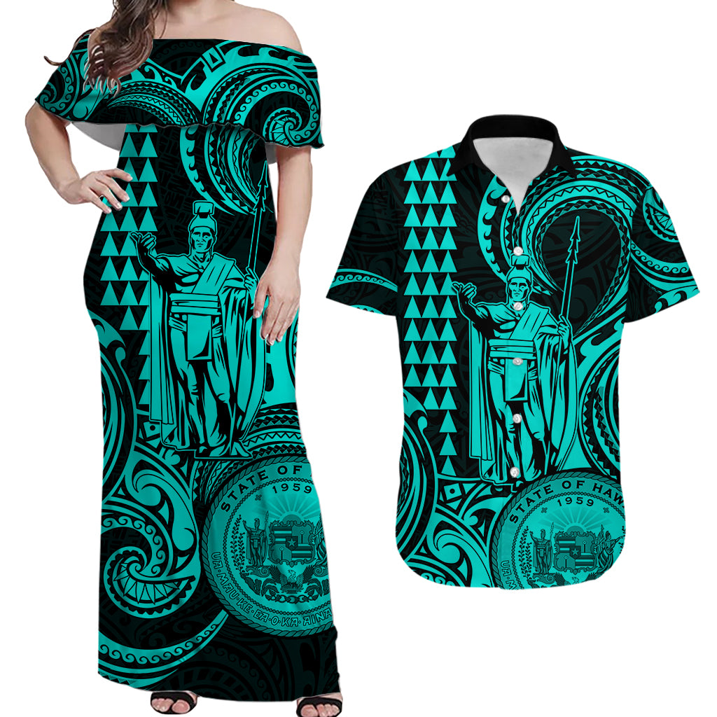 Hawaii Couple Outfit Ideas King Kamehameha Day Couples Long Dress and Hawaiian Shirt Paradise of the Pacific Tribal Kakau with Kanaka Maoli - Turquoise LT9 - Wonder Print Shop