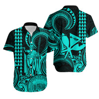 Hawaii Couple Outfit Ideas King Kamehameha Day Couples Long Dress and Hawaiian Shirt Paradise of the Pacific Tribal Kakau with Kanaka Maoli - Turquoise LT9 - Wonder Print Shop
