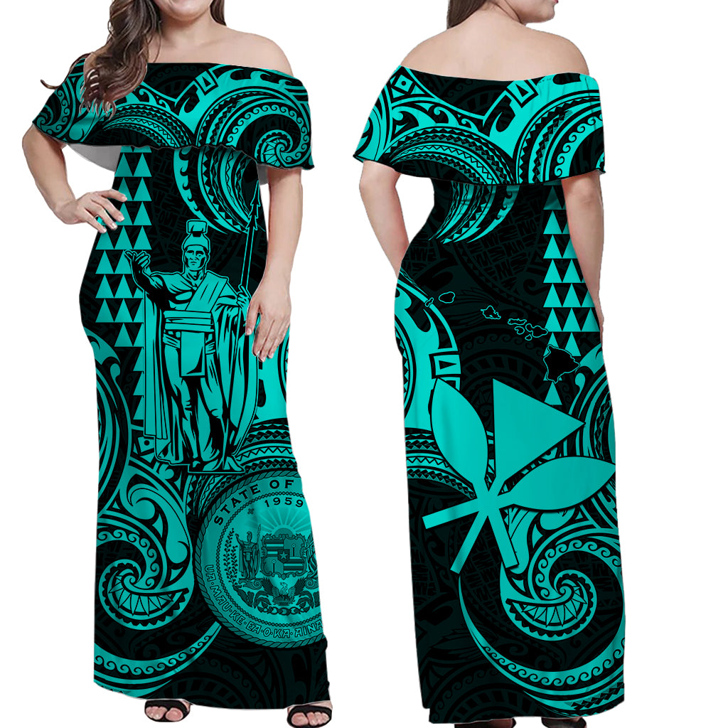 Hawaii Couple Outfit Ideas King Kamehameha Day Couples Long Dress and Hawaiian Shirt Paradise of the Pacific Tribal Kakau with Kanaka Maoli - Turquoise LT9 - Wonder Print Shop