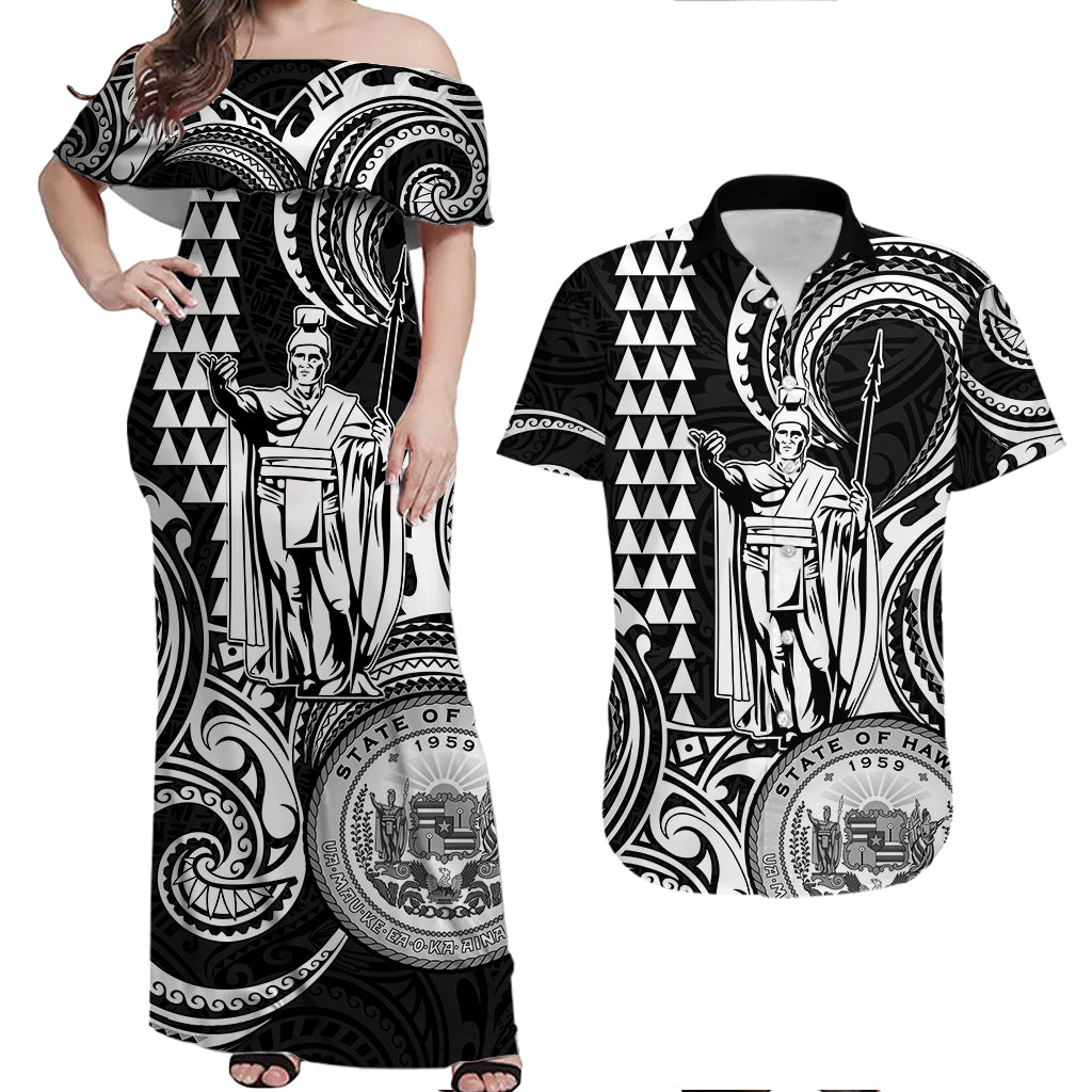 Hawaii Couple Outfit Ideas King Kamehameha Day Couples Long Dress and Hawaiian Shirt Paradise of the Pacific Tribal Kakau with Kanaka Maoli - White LT9 - Wonder Print Shop