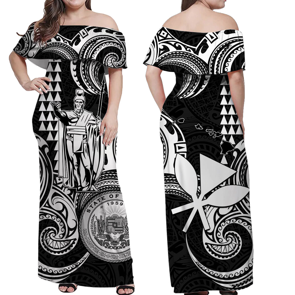 Hawaii Couple Outfit Ideas King Kamehameha Day Couples Long Dress and Hawaiian Shirt Paradise of the Pacific Tribal Kakau with Kanaka Maoli - White LT9 - Wonder Print Shop
